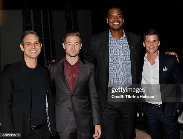 Greg Berlanti, Robbie Rogers, Jason Collins and Charlie Carver attend GLSEN Pride Celebration in Los Angeles at Sunset Tower Hotel on June 8, 2016 in...