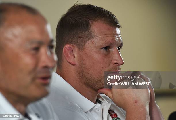 England rugby captain Dylan Hartley and coach Eddie Jones speak to the media after the announcemnet of the England team to play Australia, in...