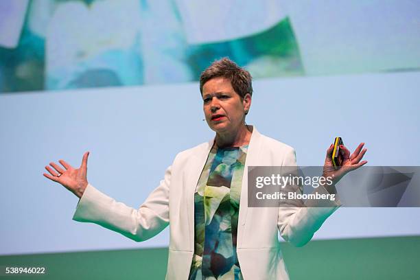 Simone Menne, chief financial officer of Deutsche Lufthansa AG, gestures whilst speaking during the Noah technology conference in Berlin, Germany, on...