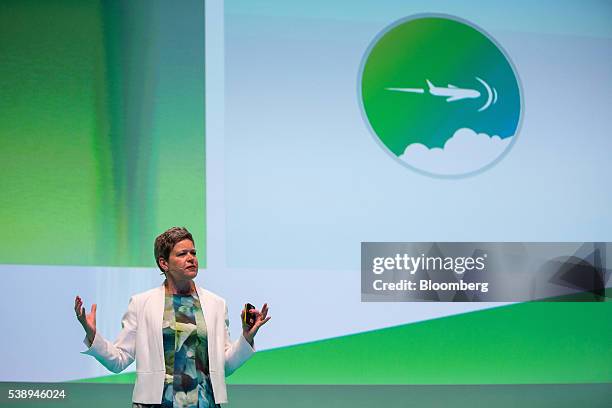 Simone Menne, chief financial officer of Deutsche Lufthansa AG, gestures whilst speaking during the Noah technology conference in Berlin, Germany, on...