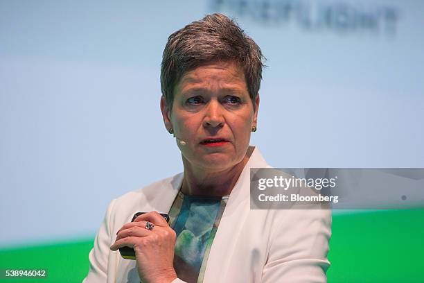 Simone Menne, chief financial officer of Deutsche Lufthansa AG, speaks during the Noah technology conference in Berlin, Germany, on Wednesday, June...