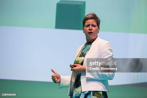 Simone Menne, chief financial officer of Deutsche Lufthansa AG, speaks during the Noah technology conference in Berlin, Germany, on Wednesday, June...