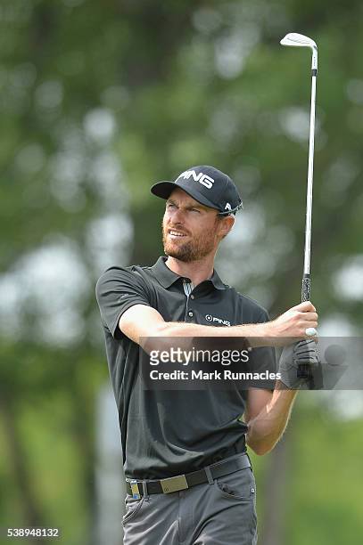 Rhys Davies of Wales plays his second shot on hole thirteen during the first round of the Lyoness Open at Diamond Country Club on June 9, 2016 in...