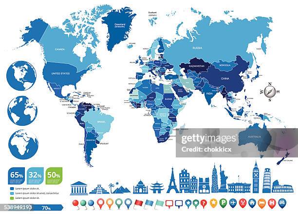 stockillustraties, clipart, cartoons en iconen met blue world political map with globes and landmarks - thai culture