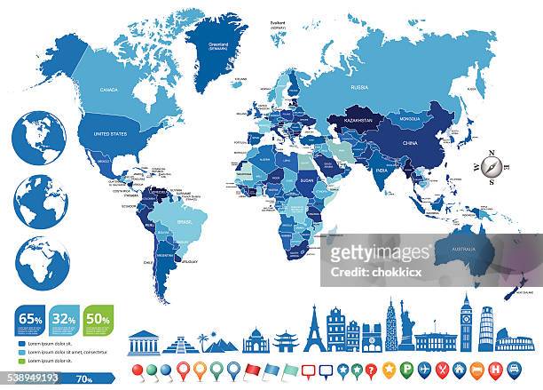 blue world political map with globes and landmarks - east asia stock illustrations