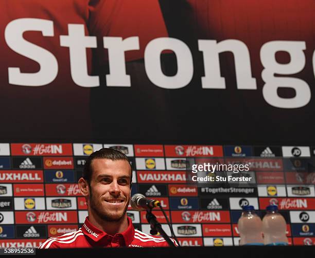 Wales player Gareth Bale faces the media during a Euro 2016 Wales press conference at the Wales training base on June 9, 2016 in Dinard, France.