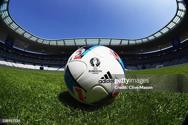 Match ball sits on the turf inside the stadium ahead of the UEFA Euro 2016 at Stade de France on June 9, 2016 in Paris, France. France and Romania...