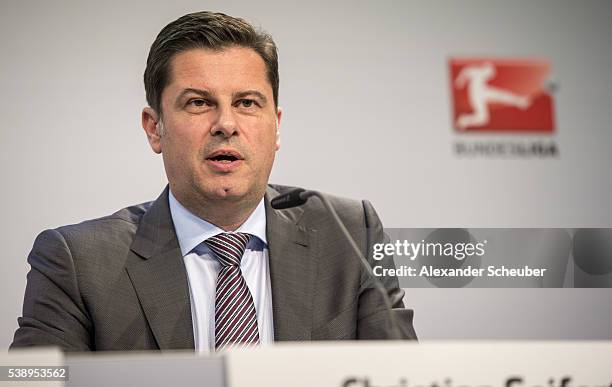 Of the Deutsche Fussball Liga DFL Christian Seifert is seen during the DFL audio-visual media rights auction press conference at the Kap Europa...