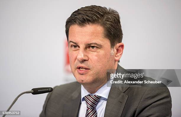 Of the Deutsche Fussball Liga DFL Christian Seifert is seen during the DFL audio-visual media rights auction press conference at the Kap Europa...