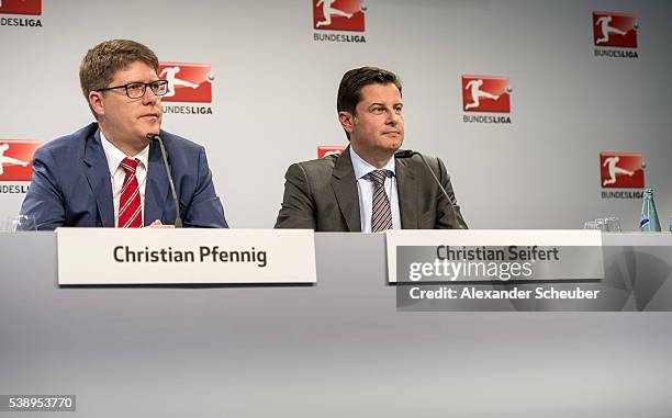 Of the Deutsche Fussball Liga DFL Christian Seifert and Media Director of the DFL Christian Pfennig are seen during the DFL audio-visual media rights...