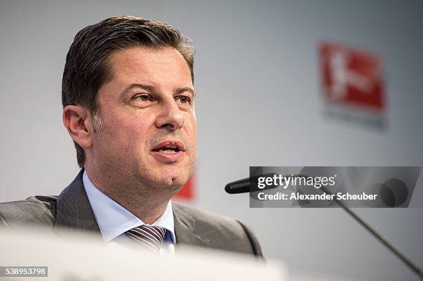 Of the Deutsche Fussball Liga DFL Christian Seifert is seen during the DFL audio-visual media rights auction press conference at the Kap Europa...