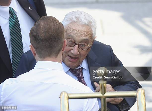 Former U.S. Secretary of State Henry Kissinger arrives at the Hotel Taschenbergpalais Kempinski Dresden for the 2016 Bilderberg Group conference on...