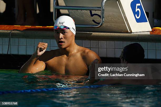 Yang Sun of China celebrates after winning the 200m freestyle final during day one of the 2016 Arena Pro Swim Series at Santa Clara at George F....