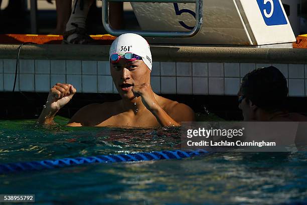 Yang Sun of China celebrates after winning the 200m freestyle final during day one of the 2016 Arena Pro Swim Series at Santa Clara at George F....