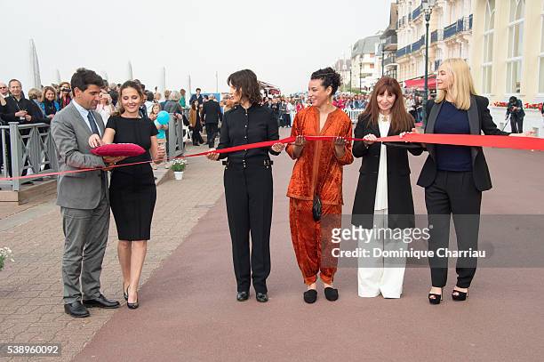 Mayor of Cabourg Tristan Duval, Virginie Ledoyen, Juliette Binoche, Loubna Abidar, Aiane Ascaride and Emmanuelle Beart attend the Inauguration of...