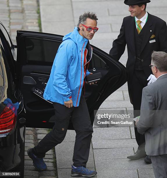 Alex Karp, CEO of Palantir Technologies, arrives at the Hotel Taschenbergpalais Kempinski Dresden for the 2016 Bilderberg Group conference on June 9,...