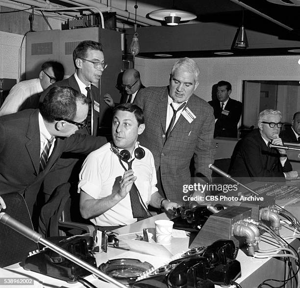 News producer, Don Hewitt, center seated, during the CBS News coverage of United States midterm elections, Election 62 on Tuesday, November 6, 1962....