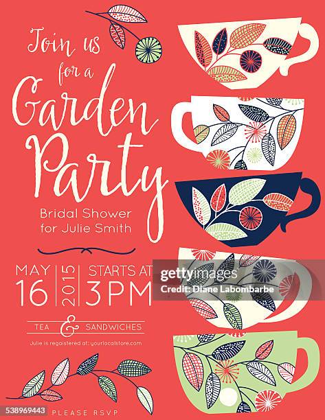 ilustraciones, imágenes clip art, dibujos animados e iconos de stock de fiesta en el jardín de té despedidas de plantilla de la invitación - té bebida caliente