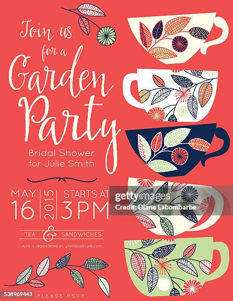 garden party tea bridal shower invitation template - tea cup vector stock illustrations