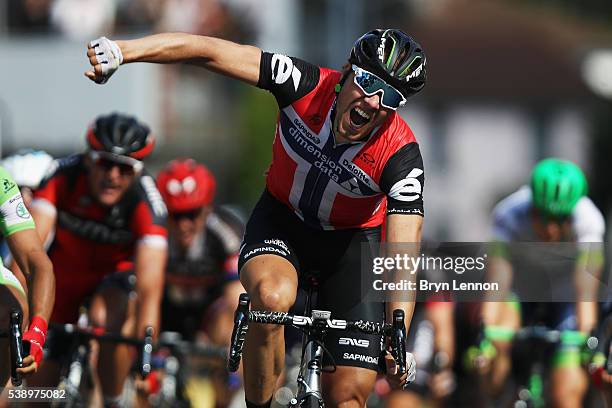 Edvald Boasson Hagen of Norway and Team Dimension Data celebrates winning stage four of the 2016 Criterium du Dauphine, a 176km stage from...