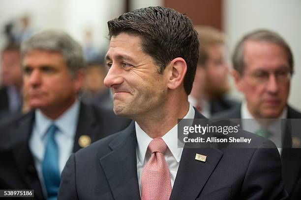 House Speaker Paul Ryan, greets colleagues before a session on "Protecting the U.S. Homeland" at The Council on Foreign Relations on June 9 in...