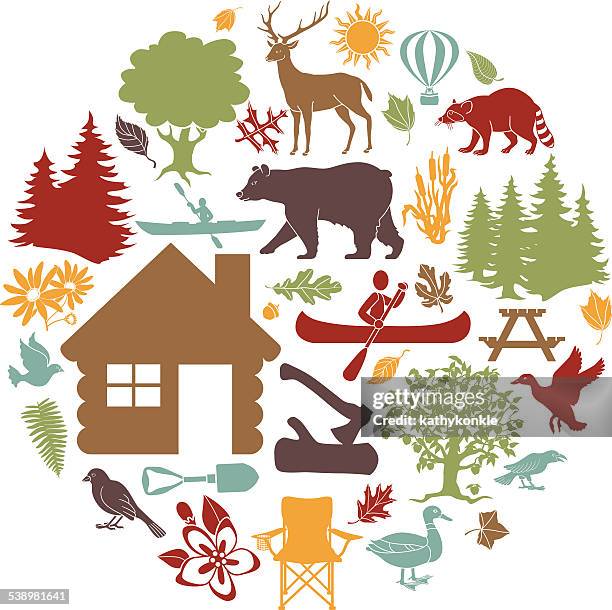 stockillustraties, clipart, cartoons en iconen met colored icons cabin outdoor recreation theme arranged in circular shape - blokhut