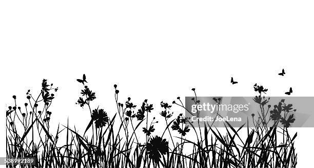 grass field mit schmetterling-silhouette - meadow stock-grafiken, -clipart, -cartoons und -symbole