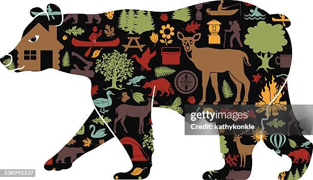 black bear filled with camping and recreation pattern - white tailed deer buck stock illustrations
