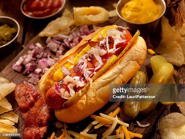 hot dog with all the fixings - relish stock pictures, royalty-free photos & images