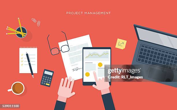 flat illustration of person at desk with tablet, project management - overhead view stock illustrations