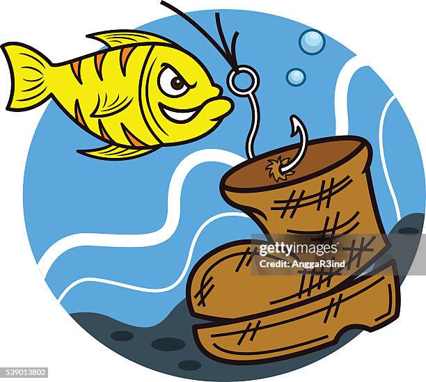 fish hooking fishing line to an old boot - fishing line stock illustrations