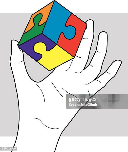 hands holding puzzle cube line art - rubix cube stock illustrations