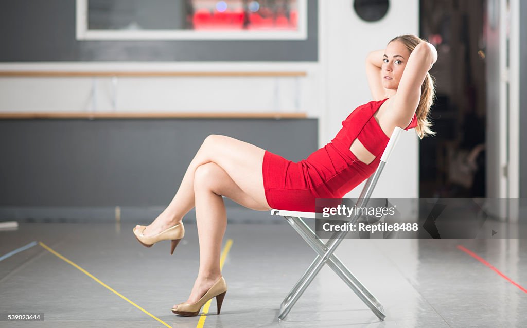 Model in red dress