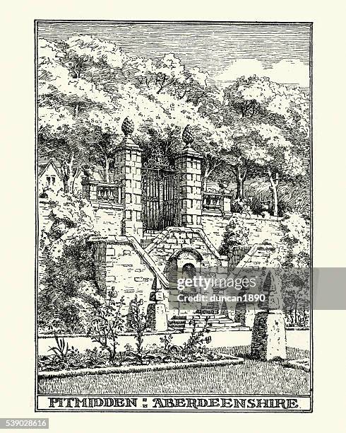 pitmedden garden, aberdeenshire, scotland 19th century - garden wall stock illustrations