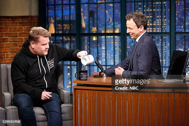 Episode 380 -- Pictured: Talkshow host James Corden during an interview with host Seth Meyers on June 8, 2016 --