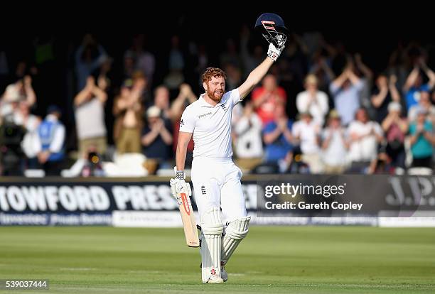 Jonathan Bairstow of England celebrates reaching his century during day one of the 3rd Investec Test match between England and Sri Lanka at Lord's...