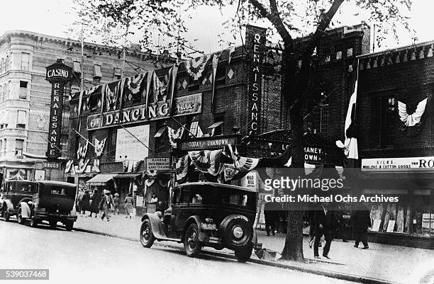 View of the exterior of The Renaissance Ballroom an Casino located at 138th Street and Seventh Avenue in Harlem circa 1925 in New York City, New York.