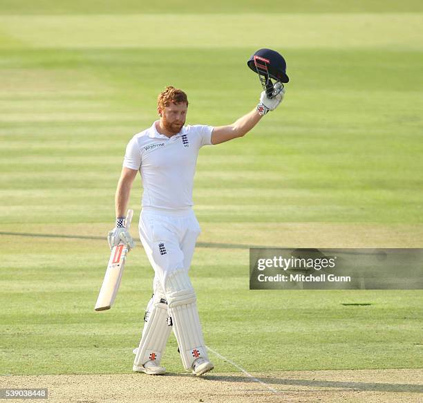 Jonny Bairstow of England celebrates scoring a century during day one of the 3rd Investec Test match between England and Sri Lanka at Lords Cricket...