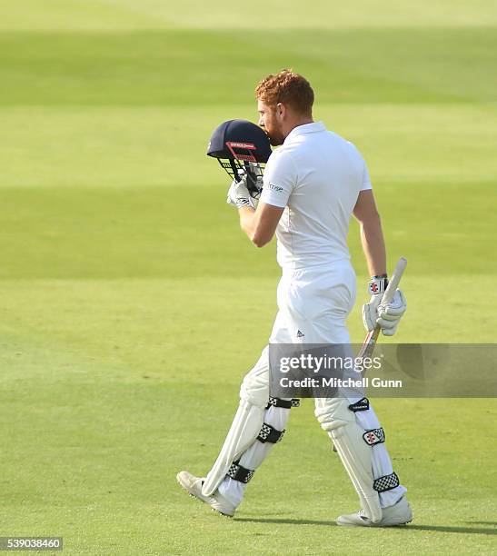 Jonny Bairstow of England celebrates scoring a century during day one of the 3rd Investec Test match between England and Sri Lanka at Lords Cricket...