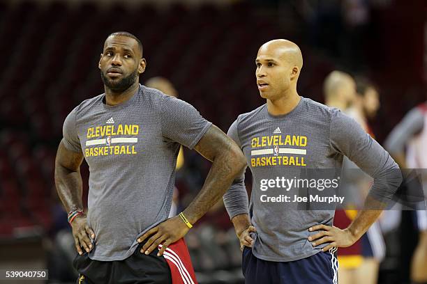 LeBron James and Richard Jefferson of the Cleveland Cavaliers during practice and media availability as part of the 2016 NBA Finals on June 9, 2016...