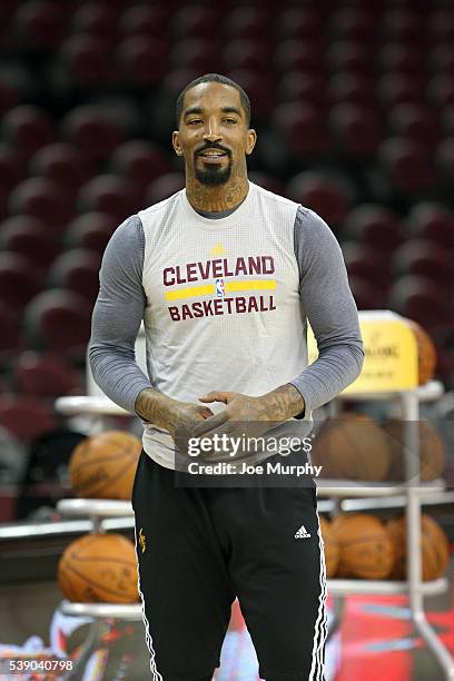 Smith of the Cleveland Cavaliers during practice and media availability as part of the 2016 NBA Finals on June 9, 2016 at Quicken Loans Arena in...