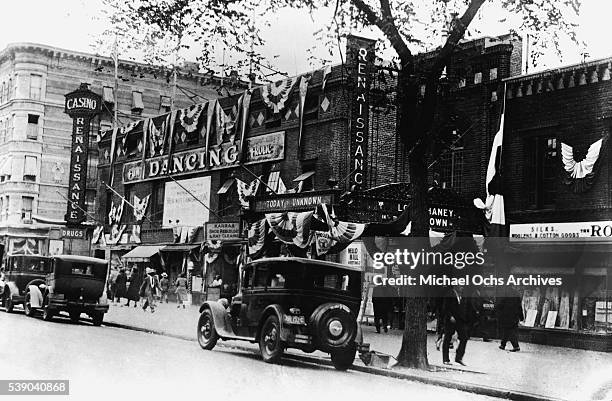 View of the exterior of The Renaissance Ballroom an Casino located at 138th Street and Seventh Avenue in Harlem circa 1925 in New York City, New York.