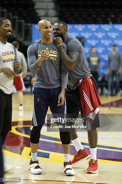 Smith, Richard Jefferson and LeBron James of the Cleveland Cavaliers during practice and media availability as part of the 2016 NBA Finals on June 9,...