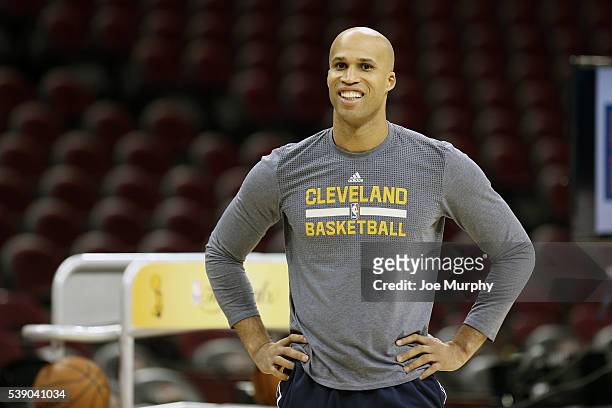 Richard Jefferson of the Cleveland Cavaliers smiles during practice and media availability as part of the 2016 NBA Finals on June 9, 2016 at Quicken...