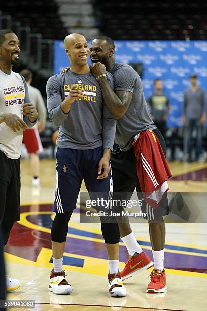 Smith, Richard Jefferson and LeBron James of the Cleveland Cavaliers during practice and media availability as part of the 2016 NBA Finals on June 9,...