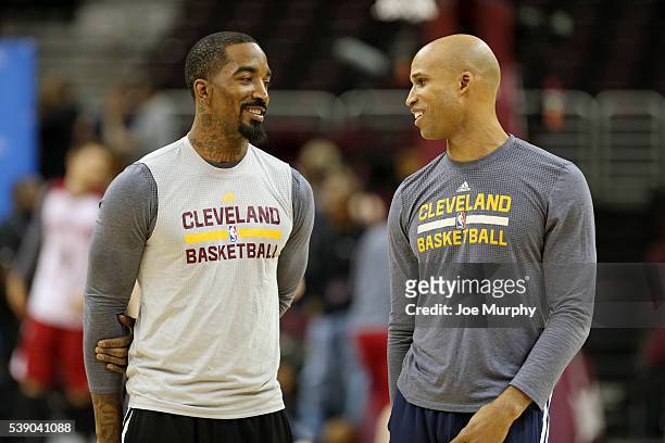 Smith and Richard Jefferson of the Cleveland Cavaliers during practice and media availability as part of the 2016 NBA Finals on June 9, 2016 at...
