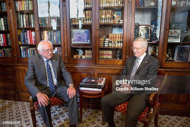 Democratic presidential candidate Sen. Bernie Sanders meets with Senate Democratic Leader Harry Reid in Reid's office on Capitol Hill, June 9 in...