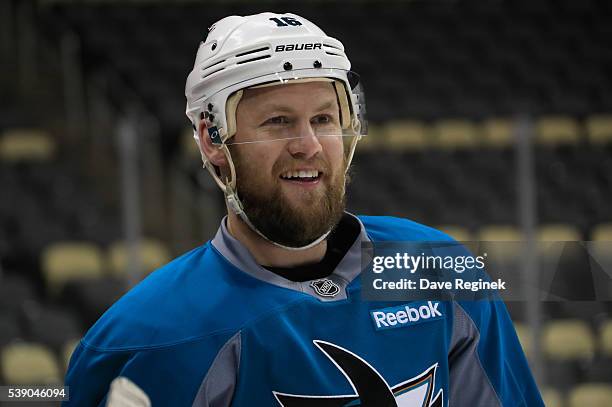 Nick Spaling of the San Jose Sharks attends the morning skate prior to Game 5 of the 2016 NHL Stanley Cup Final against the Pittsburgh Penguins at...