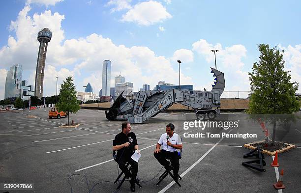 Texas Motor Speedway President Eddie Gossage and Team Penske driver Juan Pablo Montoya speak to the media during a Texas Motor Speedway event at...