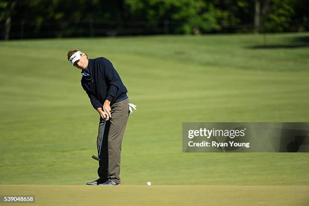 Brad Faxon hits a putt on the sixth hole during the first round of the PGA TOUR Champions Constellation SENIOR PLAYERS at The Philadelphia Cricket...